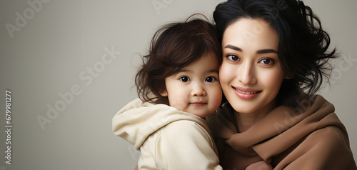 Fashion smiling mother holding her kid on solid color background, love concept