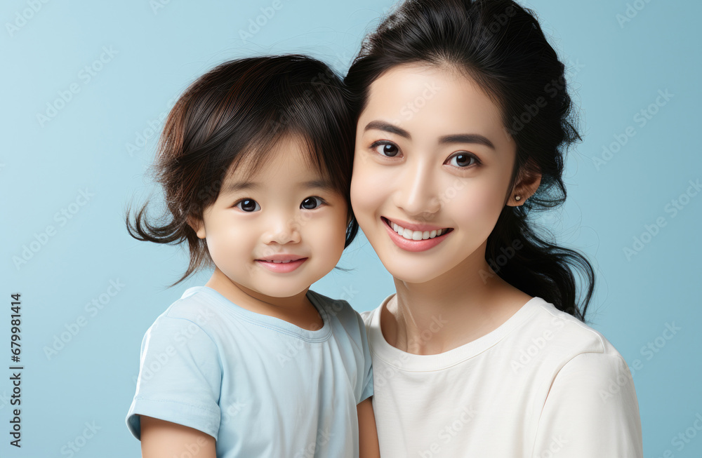 Fashion smiling mother holding her kid on solid color background, love concept Fashion smiling mother holding her kid on solid color background, love concept