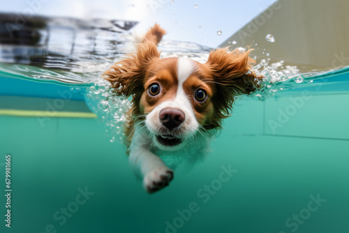 Dog learn swim at pool