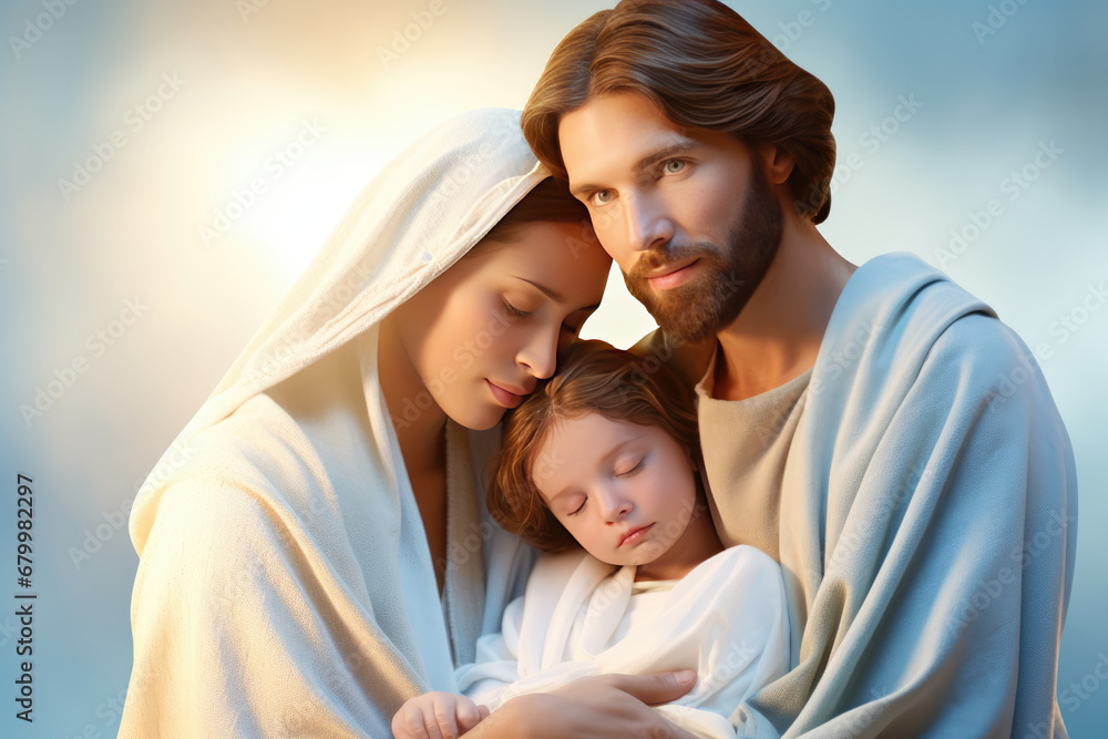 Nativity story - Joseph, Mary and newborn baby Jesus Christ. Christian Christmas scene with holy family in dark blue night. Birth of Salvation, Messiah, Emmanuel, God with us Nativity story - Joseph, Mary and newborn baby Jesus Christ. Christian Christmas scene with holy family in dark blue night. Birth of Salvation, Messiah, Emmanuel, God with us