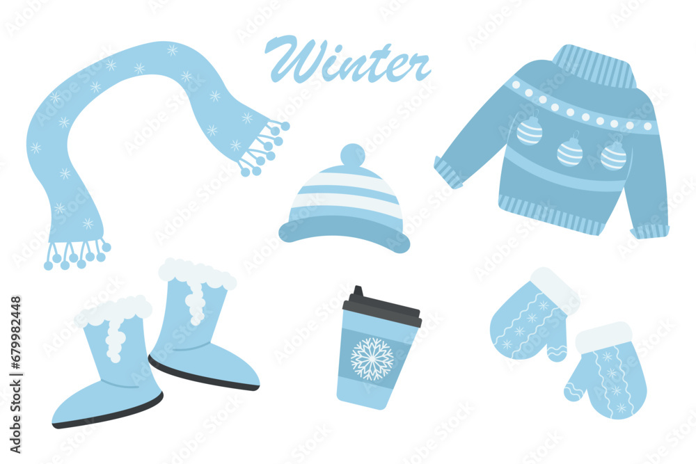 Vector set winter clothing. Knitted accessories for winter and autumn. Hat, scarf, winter ugg boots. Vector set winter clothing. Knitted accessories for winter and autumn. Hat, scarf, winter ugg boots.