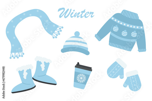 Vector set winter clothing. Knitted accessories for winter and autumn. Hat, scarf, winter ugg boots.