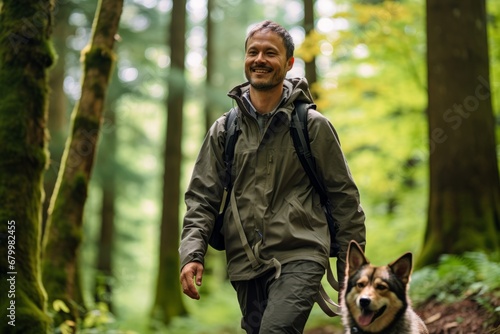 Man hiking with his dog in the forest. Traveling with pet concept. photo