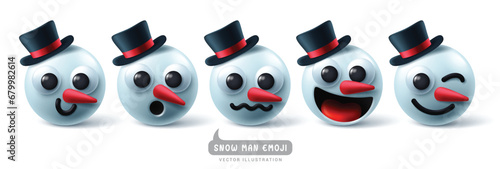 Christmas emoji snowman character vector set. Christmas snow man emojis and emoticons characters for xmas winter holiday season design. Vector illustration snow man emoticon collection. 
