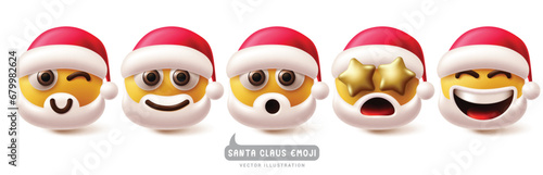 Christmas santa claus emoji character vector set. Christmas santa claus emojis and emoticon with red hat and beard costume for xmas holiday season characters. Vector illustration santa claus emojis 