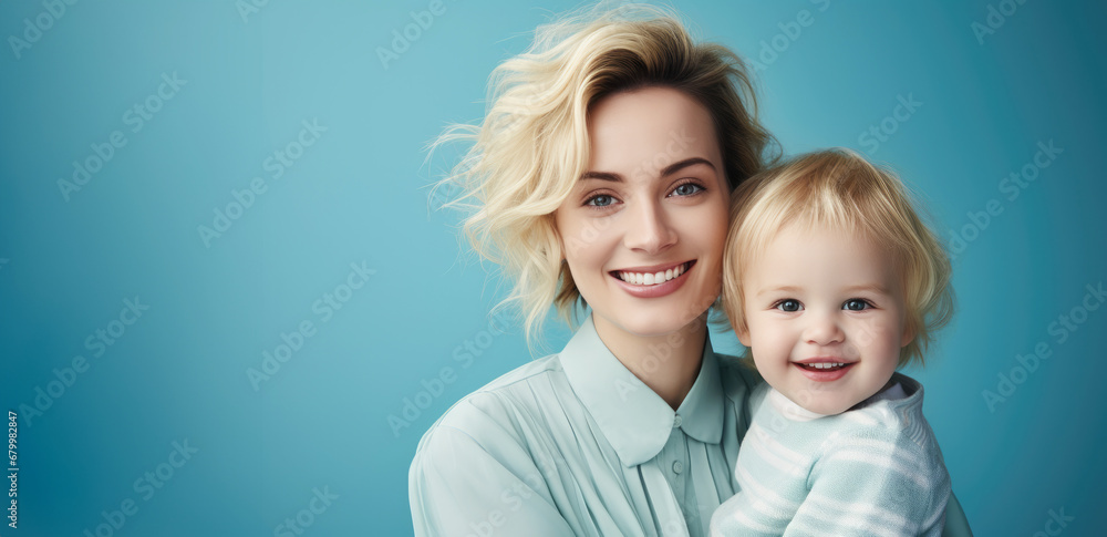 Fashion smiling mother holding her kid on solid color background, love concept Fashion smiling mother holding her kid on solid color background, love concept