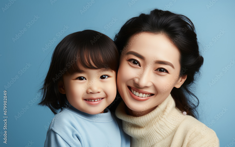 Fashion smiling mother holding her kid on solid color background, love concept Fashion smiling mother holding her kid on solid color background, love concept