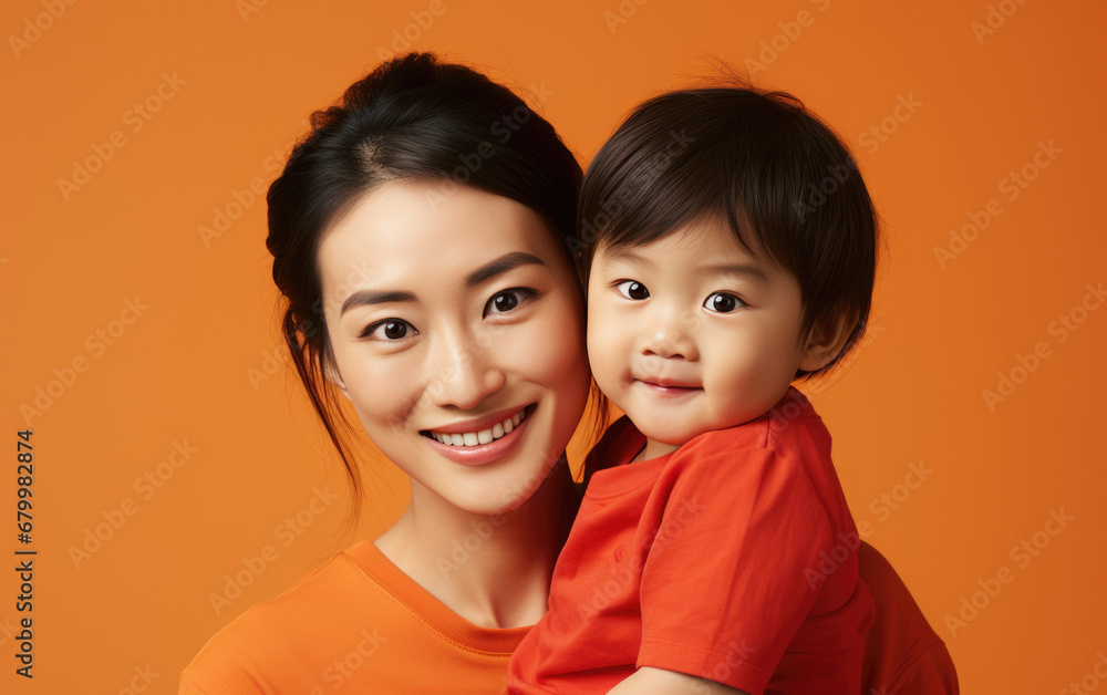 Fashion smiling mother holding her kid on solid color background, love concept Fashion smiling mother holding her kid on solid color background, love concept