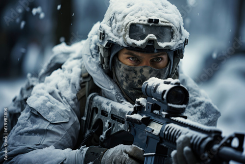 Soldier with weapons in modern equipment in winter