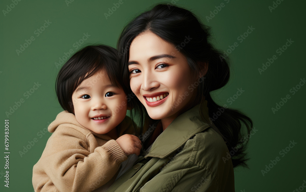 Fashion smiling mother holding her kid on solid color background, love concept Fashion smiling mother holding her kid on solid color background, love concept