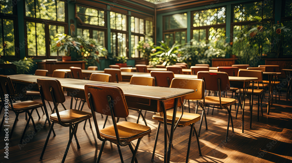 Empty Classroom. Back to school concept in high school. Classroom Interior Vintage Wooden Lecture Wooden Chairs and Desks.