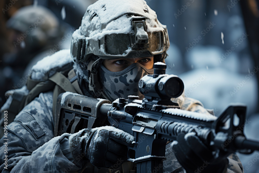 Soldier with weapons in modern equipment in winter Soldier with weapons in modern equipment in winter