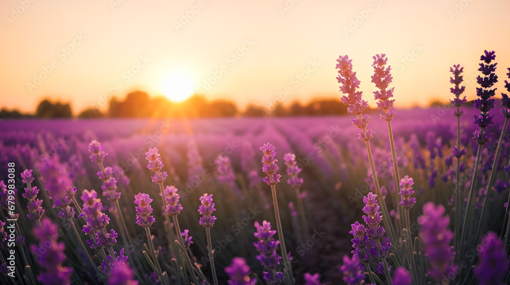 Sunset lavender field. Sunset in countryside over agricultural blooming lavender field. Lavender flower field, Blooming Violet fragrant lavender flowers. Growing Lavender swaying on wind over sunset