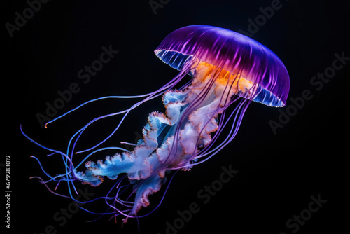 Lilac jellyfish with thin threads in dark transparent ocean water	
