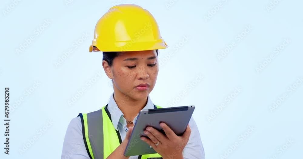 Engineering, woman thinking and inspection on tablet for design, survey or renovation progress in studio. Asian inspector or construction worker and digital, architecture checklist on blue background Engineering, woman thinking and inspection on tablet for design, survey or renovation progress in studio. Asian inspector or construction worker and digital, architecture checklist on blue background