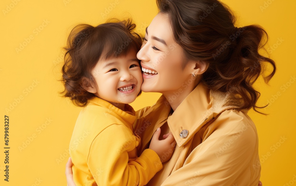 Fashion smiling mother holding her kid on solid color background, love concept Fashion smiling mother holding her kid on solid color background, love concept