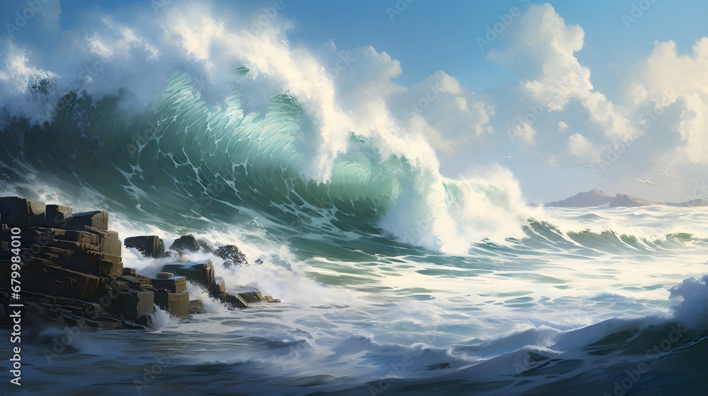 The waves crashing on the shore created a mesmerizing scene,