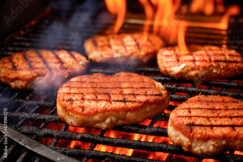 Juicy beef hamburger patties on barbecue grill. Barbecue Grill Pit With Glowing And Flaming Hot Charcoal