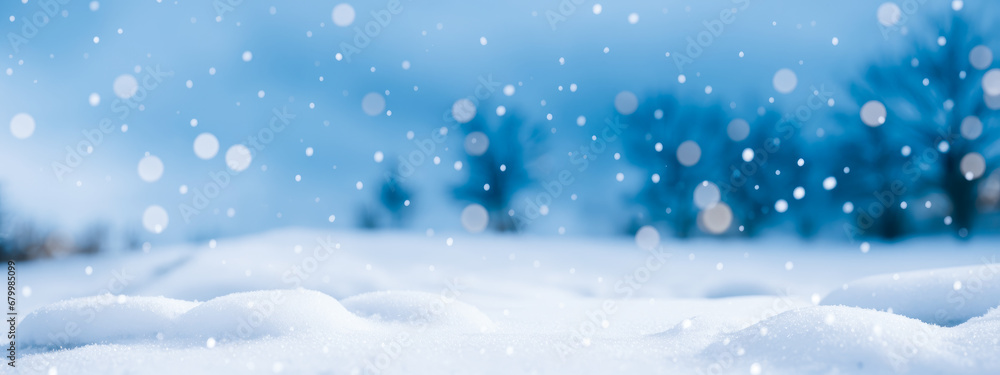 Empty panoramic winter background. Christmas blue background with snow. beautiful bokeh circles, wide banner, copy space Empty panoramic winter background. Christmas blue background with snow. beautiful bokeh circles, wide banner, copy space