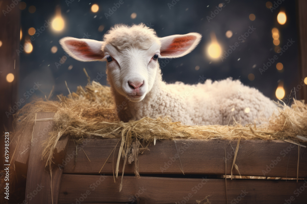 Nativity story. Sheep in wooden manger, symbol of newborn baby Jesus Christ. Christian Christmas scene in dark blue night. Birth of Salvation, Messiah, Emmanuel, God with us Nativity story. Sheep in wooden manger, symbol of newborn baby Jesus Christ. Christian Christmas scene in dark blue night. Birth of Salvation, Messiah, Emmanuel, God with us