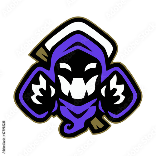 The grim reaper mascot appears in chibi and cute form. The scythe bends to follow the curve of the head behind it in order neatly arranged and more space-saving without hindering the tiny body size.