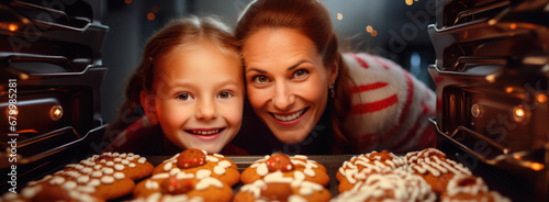 Cozy Christmas Baking: A Sweet Family Tradition. In the heart of holiday cheer, a mother and her daughter enjoy the magic of baking gingerbread cookies together.
