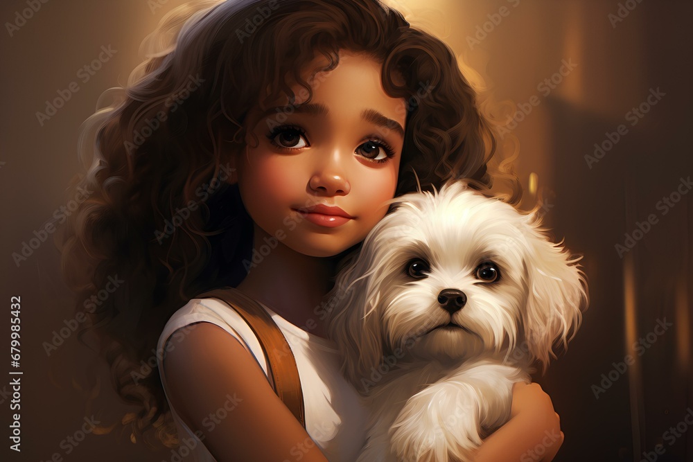 little brown girl, with short curly hair with beautiful big eyes. holding a white chihtzu dog. 3d animation style illustration. generative AI little brown girl, with short curly hair with beautiful big eyes. holding a white chihtzu dog. 3d animation style illustration. generative AI
