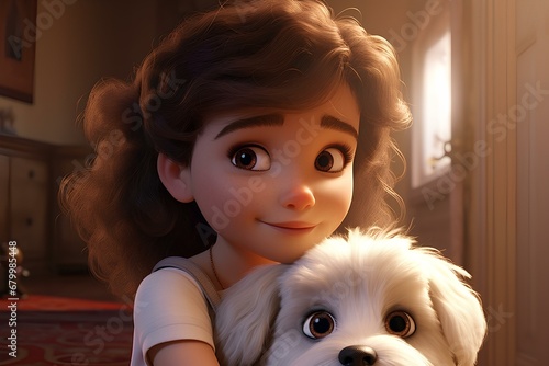 little brown girl, with short curly hair with beautiful big eyes. holding a white chihtzu dog. 3d animation style illustration. generative AI