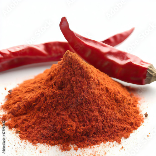 Indian, spices, paprika | powder | or. red, chili, powder, selective focus Cayenne pepper on white | Raw, red, chili | and | powder, for dark red color food isolated on white background Generative AI