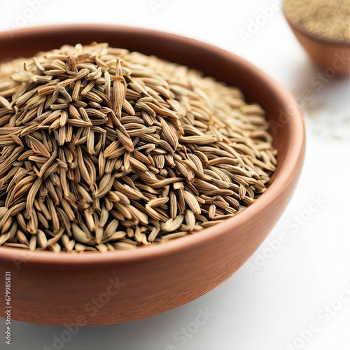 Fennel | seeds | in. wooden | bowl | Green, fennel, grains. Spices, and. herbs. Top | view | isolated on white background.png Generative AI 
