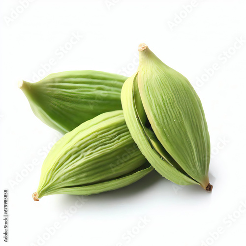 Dry | green | cardamom | pods | Pile | of. dry green | cardamom | seeds | elettaria cardamomum | isolated on white background. Generative AI 