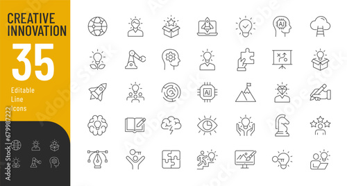 Creative Innovation Line Editable Icons set. Vector illustration in thin line modern style of creativity related icons: ideas, developments, innovations, design, and more. Isolated on white