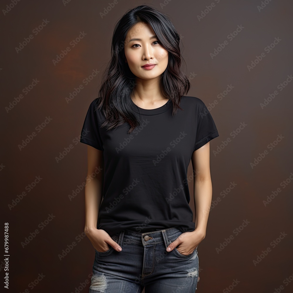 25 year old asian woman wearing a plain black tshirt on a studio background - mockup template 25 year old asian woman wearing a plain black tshirt on a studio background - mockup template