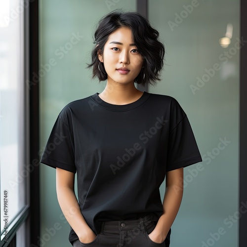 25 year old asian woman wearing a plain black tshirt on a studio background - mockup template photo