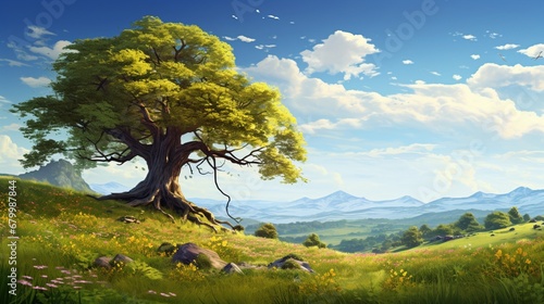 A magnificent tree in a serene meadow, with wildflowers at its base