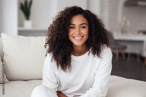beautiful smiling black woman sitting on a couch wearing a plain white shirt - mockup template