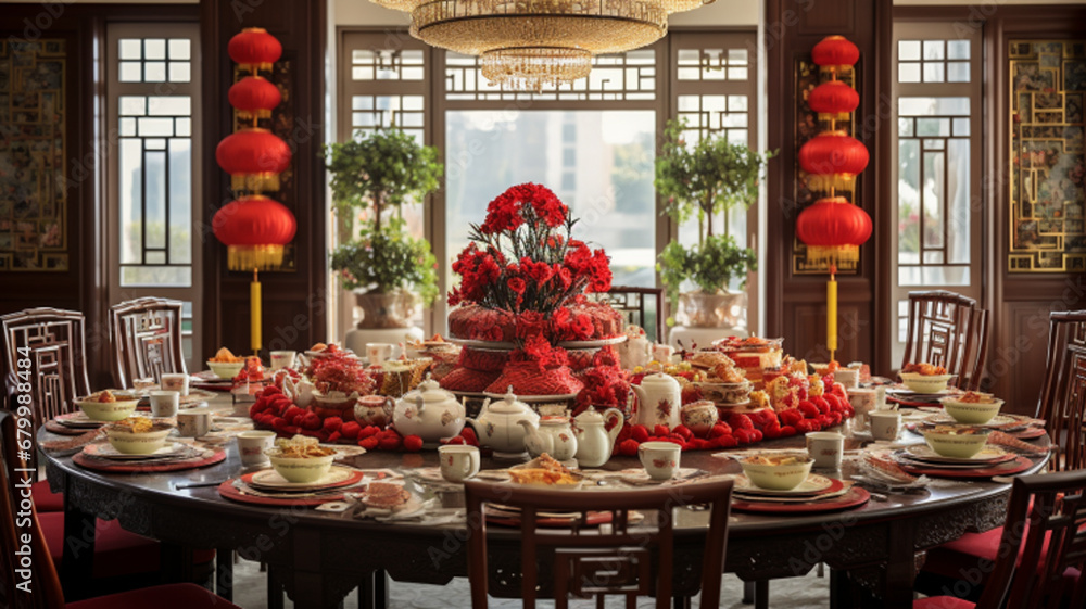 the dining table is set with a lavish spread of traditional Chinese dishes