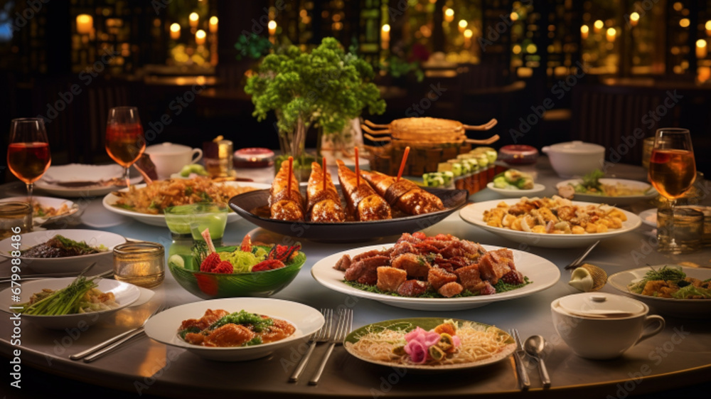 the dining table is set with a lavish spread of traditional Chinese dishes