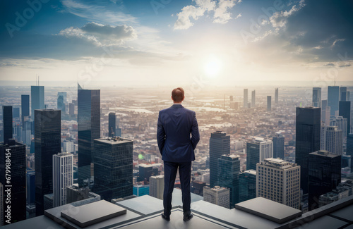 man in suit standing on rooftop, looking out over city. He is alone and seems to be lost in thought. successful businessman in suit standing on rooftop. Business ambition concept