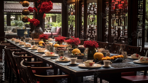 the dining table is set with a lavish spread of traditional Chinese dishes © Somvang