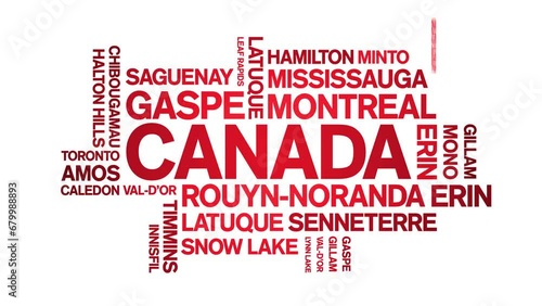 Canada animated tag word cloud;text design animation List of cities towns kinetic typography seamless loop. photo