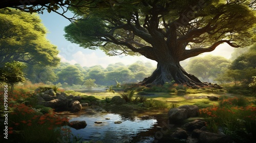 a stunning tree surrounded by lush vegetation, untouched by any real-life elements