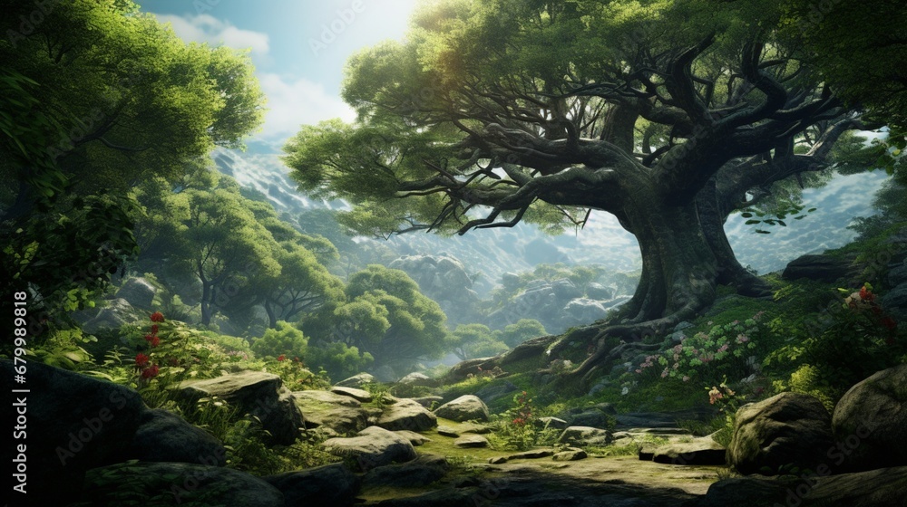 Fototapeta premium a stunning tree surrounded by lush vegetation, untouched by any real-life elements