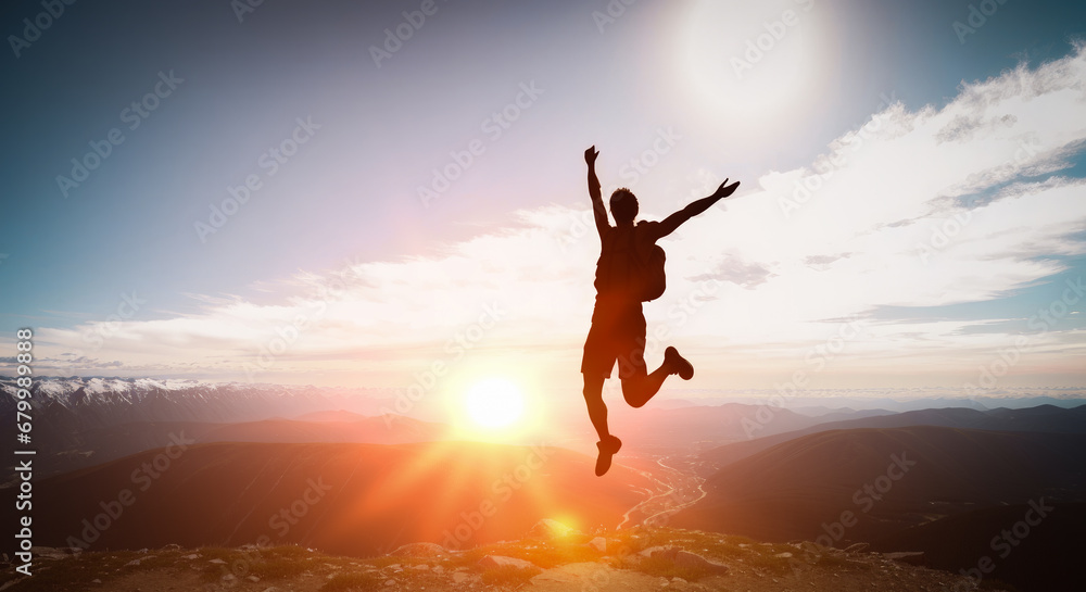 silhouette Happy man with arms up jumping at sunset on top mountain. Successful hiker celebrating success on cliff