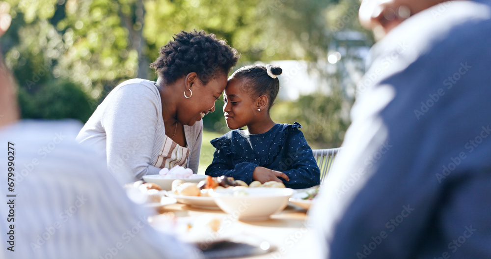 Smile, mother and daughter with forehead touch at garden lunch, nature and vacation together with love. Black people, woman or child with happy family, reunion and care for thanksgiving in park - obrazy, fototapety, plakaty 
