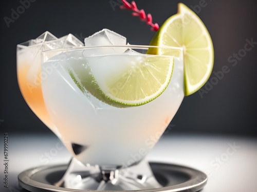Gin cocktail with ice and lemon slice