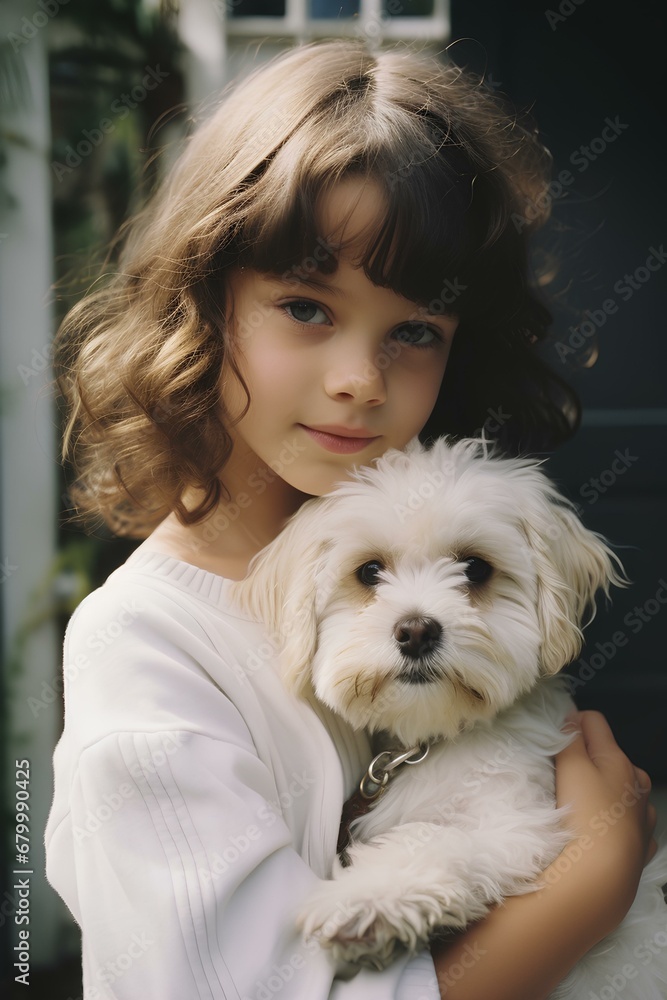 a lovely and cute little girl with short curly hair with beautiful big eyes. holding a white chihtzu dog. generative AI a lovely and cute little girl with short curly hair with beautiful big eyes. holding a white chihtzu dog. generative AI