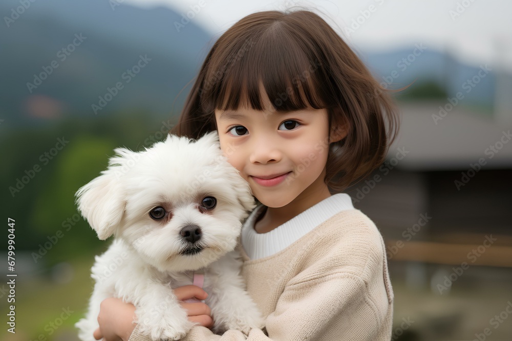a lovely and cute Korean little girl with short curly hair with beautiful big eyes. holding a white chihtzu dog. generative AI a lovely and cute Korean little girl with short curly hair with beautiful big eyes. holding a white chihtzu dog. generative AI