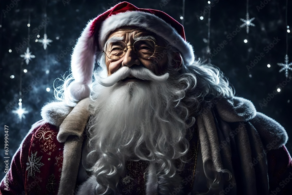 Image illustration of a senior Santa Claus, dynamic pose, dramatic lighting