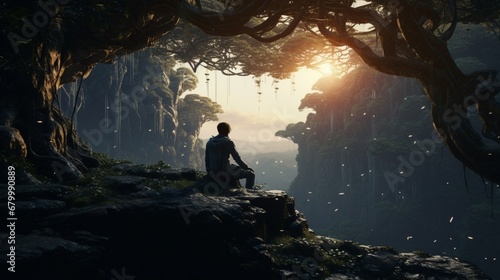 a synthetic character finds solace under the branches of an ancient tree photo